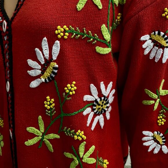Design Option Philip Jane Gordon Vtg  L Daisy Beaded Cardigan Ribbon Floral 3D - Picture 4 of 16